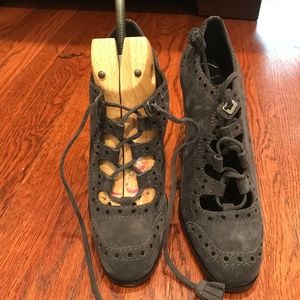 Gray Suede String Up Pumps